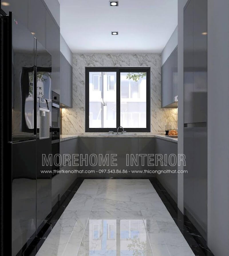 Trang trí phòng bếp với tủ bếp hình chữ U màu xám là một ý tưởng sử dụng tối đa diện tích và có thể lưu trữ những vật dụng phát sinh cần thiết trong sinh hoạt gia đình phù hợp với mọi không gian hiện đại từ chung cư, nhà phố, biệt thự. Tủ bếp đẹp