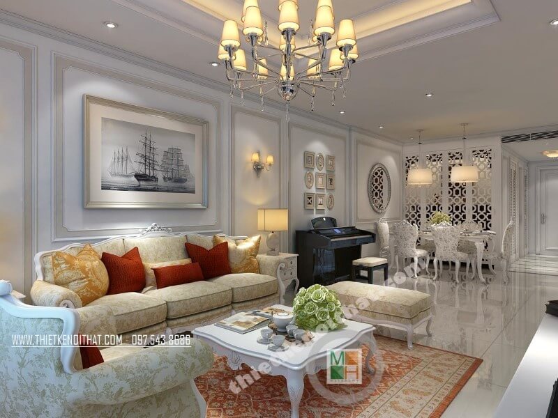 Bộ sofa tân cổ điển với chất liệu khung gỗ tự nhiên phun sơn trắng cao cấp đã để lại ấn tượng sâu sắc cho bất cứ ánh mắt nào khi nhìn vào Thiết kế chung cư