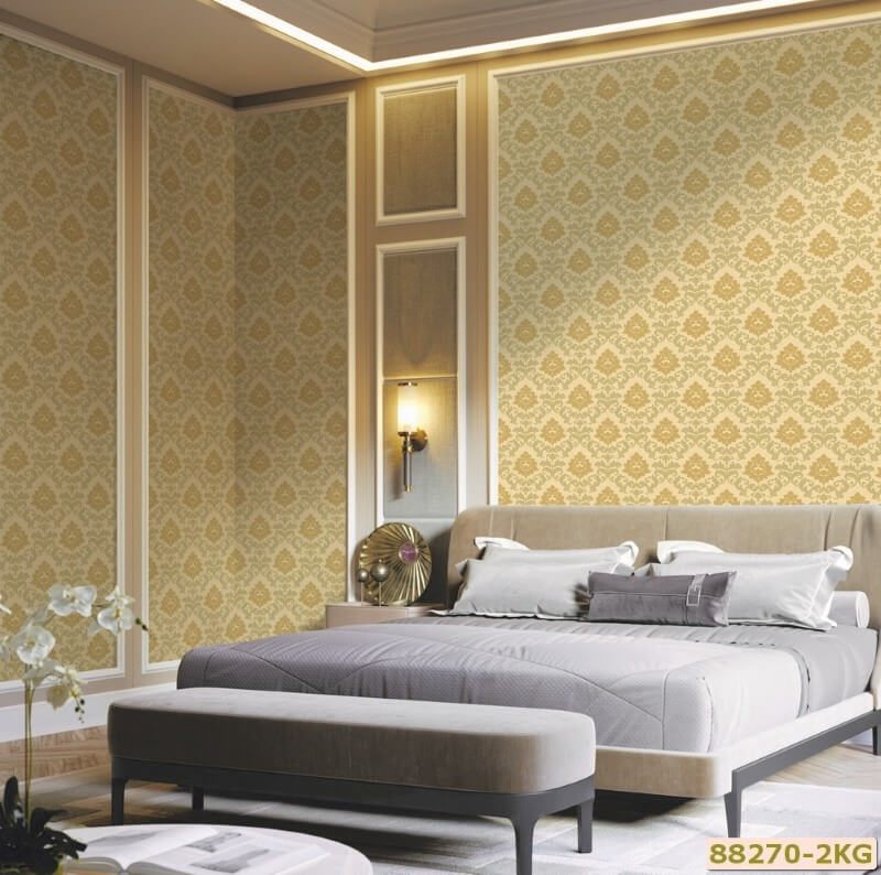 Giấy dán tường họa tiết tân cổ điển 88270-2 với màu vàng nổi bật